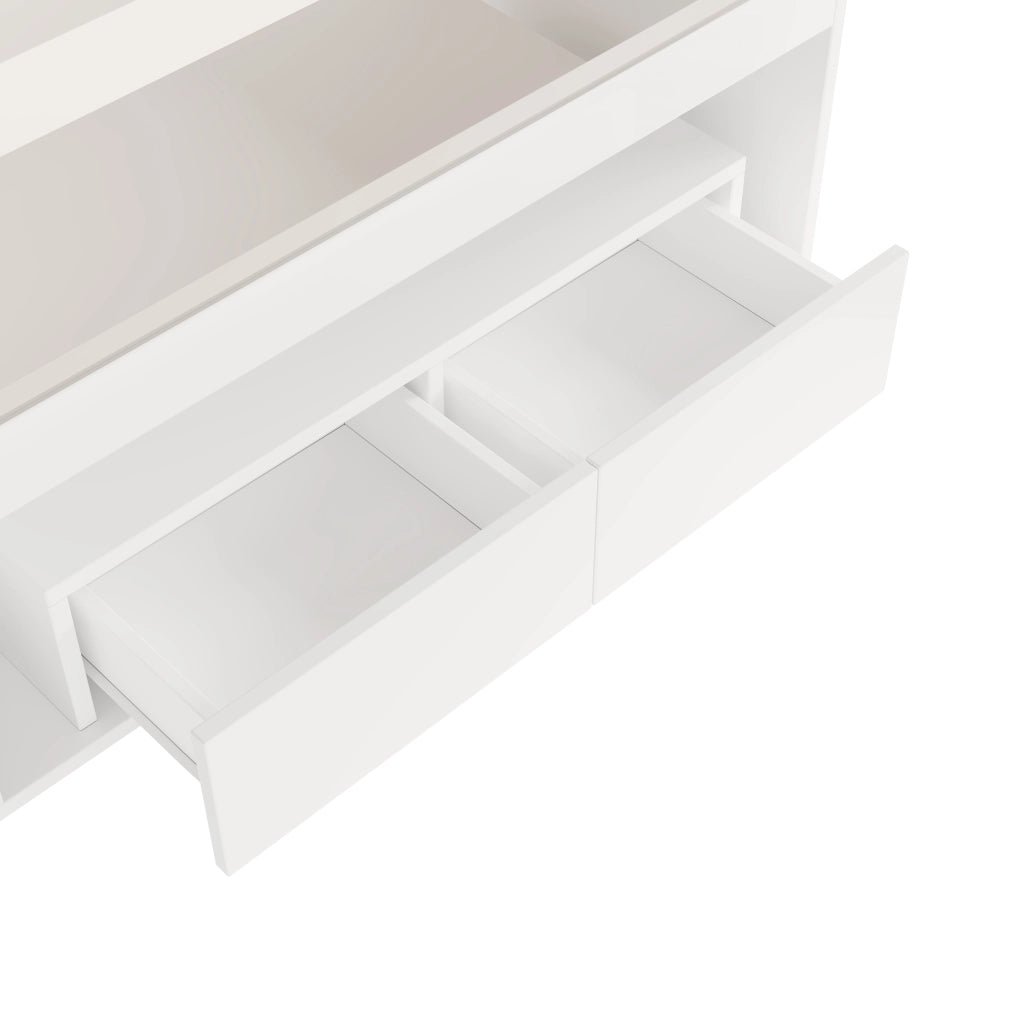 Tavolino da salotto 100x50x40 cm; LED integrata e 2 cassetti; ripiano in vetro temperato; truciolare; bianco