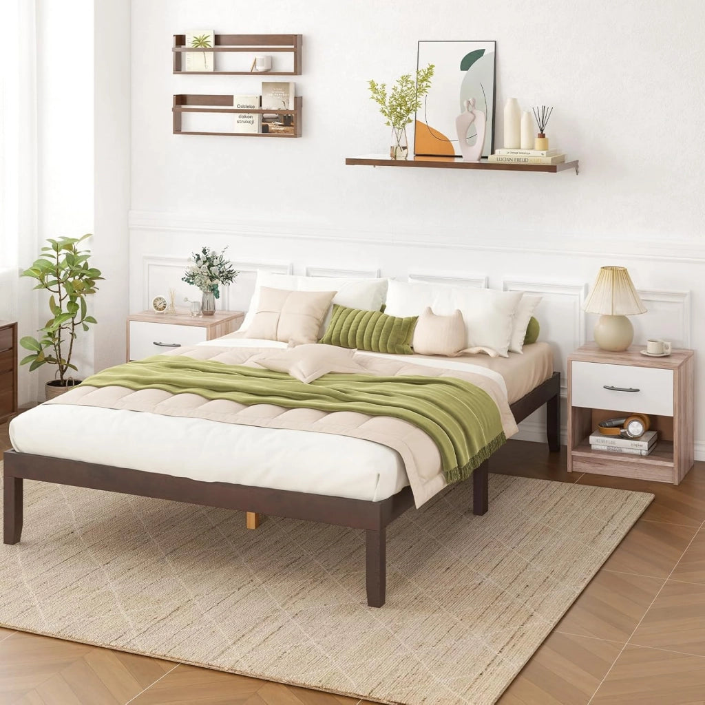 COSTWAY Comodino 38,5 x 28 x 40,5cm in Legno, Tavolino Salvaspazio con Scomparto Aperto e Casseto per Soggiorno e Camera da Letto (Naturale Scuro+Bianco)