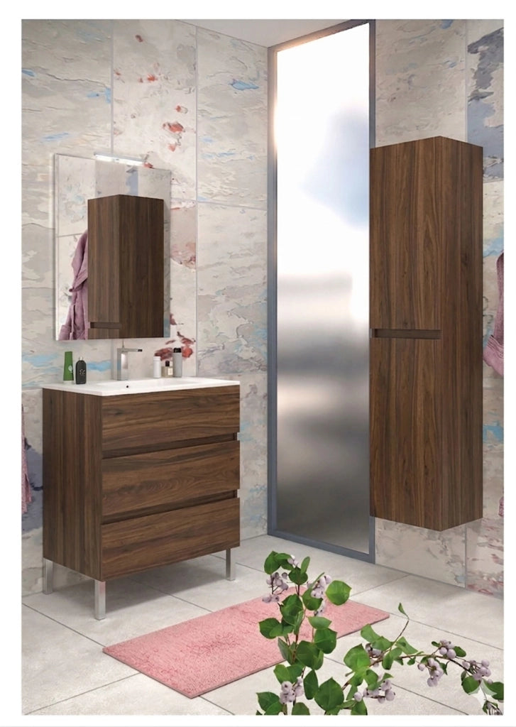 Mobile da Bagno a Terra con Lavabo 80 cm e Specchio Bali Light Noce Scuro