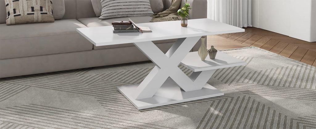 TAVOLINO Rettangolare 100x48x45 cm Bianco Lucido in MDF con gambe X
