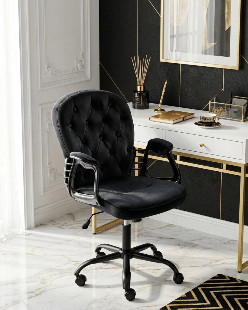 Sedia da ufficio in velluto nero con altezza regolabile e schienale trapuntato stile retrò moderno
