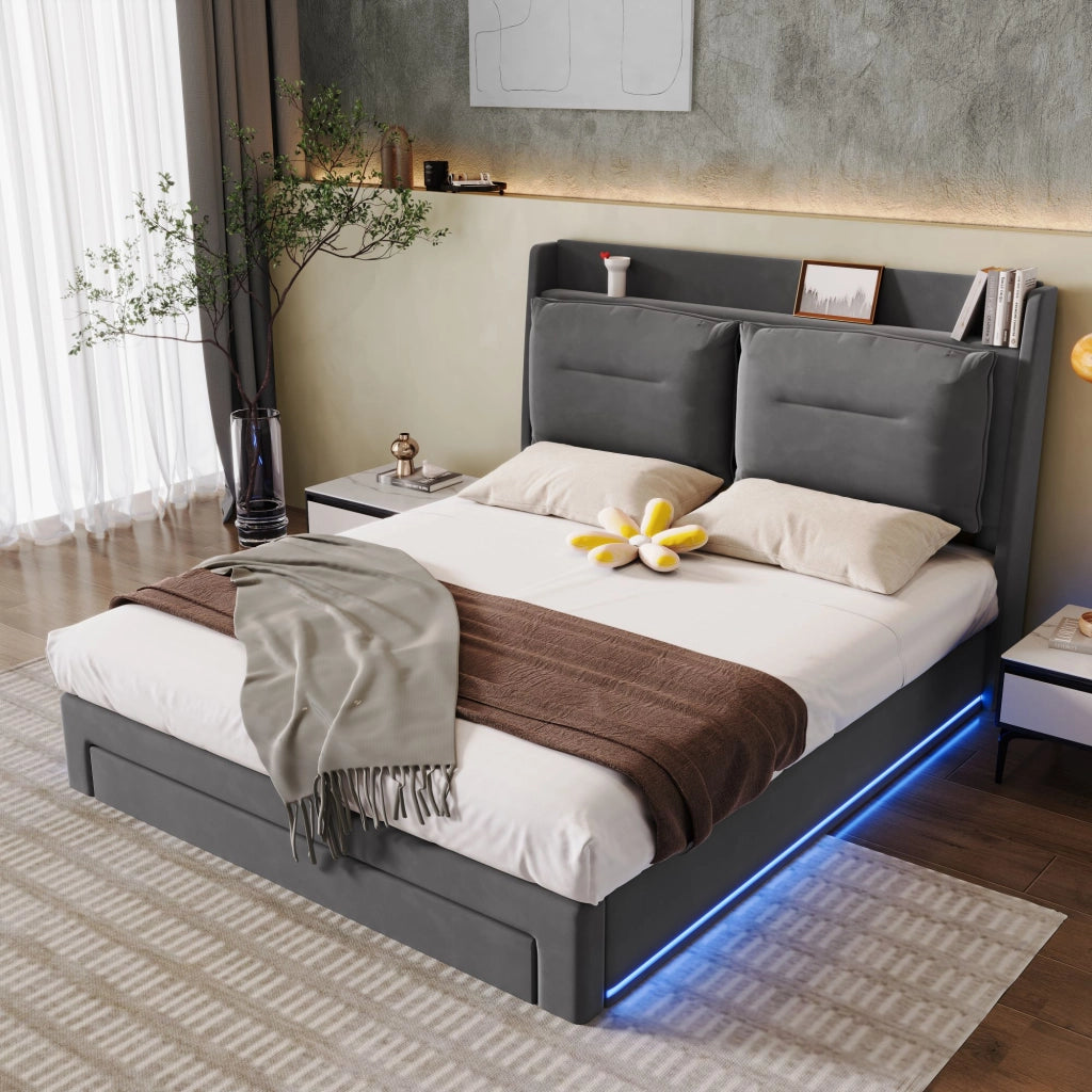 Letti contenitori 140x190 cm; sollevamento idraulico e luci LED; velluto; grigio scuro (Senza materasso)