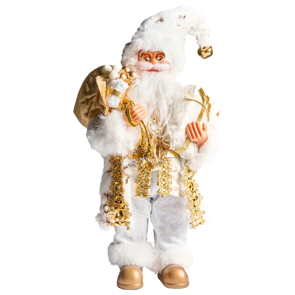 Figurina decorativa in tessuto e materiale sintetico bianco e oro Babbo Natale Figura di Natale Ornamento natalizio