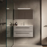 Mobile bagno sospeso 90cm rovere cenere due cassetti soft-close con lavabo e specchio | Aoki