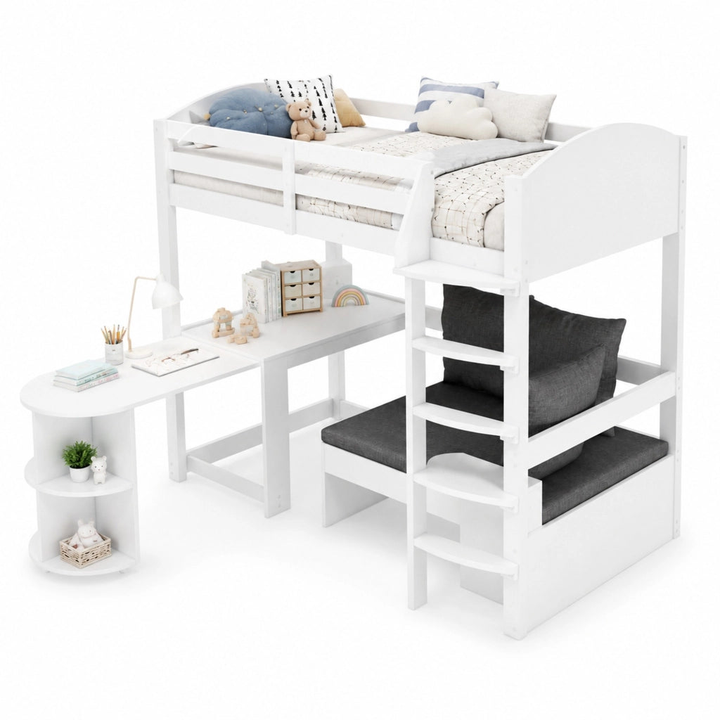 Letto a soppalco per bambini 90x200 cm in legno massiccio bianco, con scrivania estraibile, divano contenitore, scale e sponde