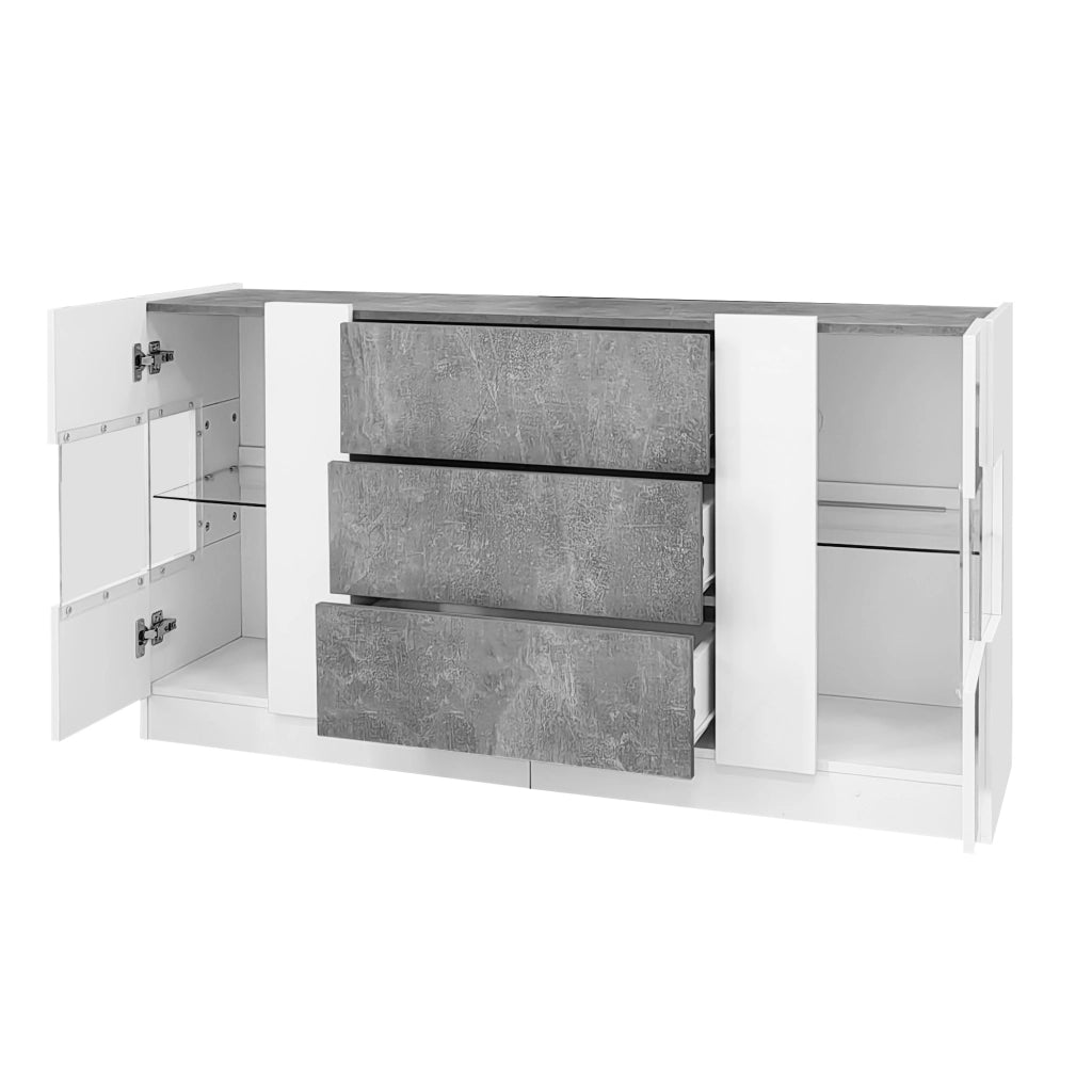 Credenza elegante - Zephmum- 2 ante 3 cassetti- 140x35x75 cm- Bianco lucido marmo grigio- LED 16 colori
