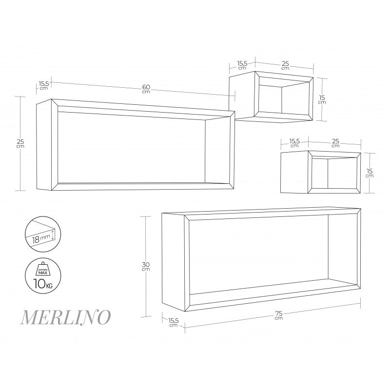 Set 4 Mensole da Muro, Pensile Bagno, Mensola Parete, Scaffale Parete, Rovere Sagerau, 75x30 p15,5 cm, 60x25 p15,5 cm e 2 da 25x15 p15,5 cm - Merlino