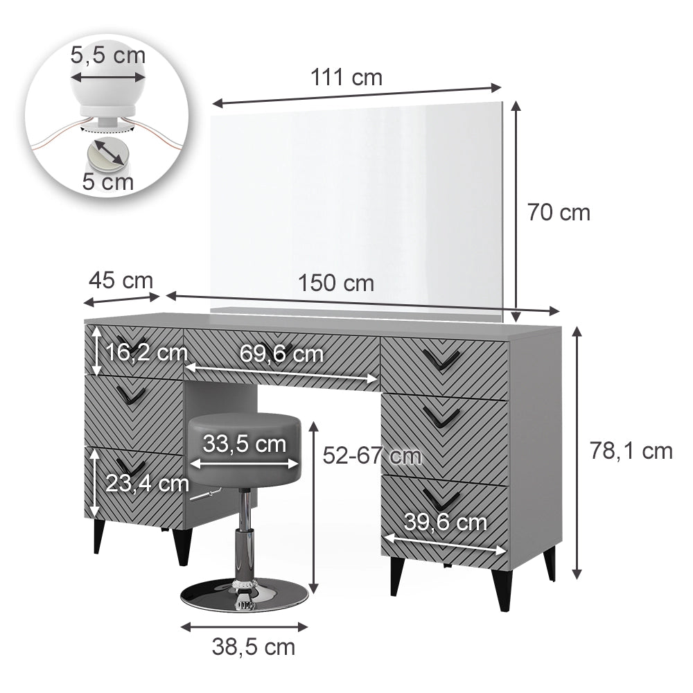 Vicco Tavolo da toeletta Grigio 150 cm con illuminazione LED e sgabello