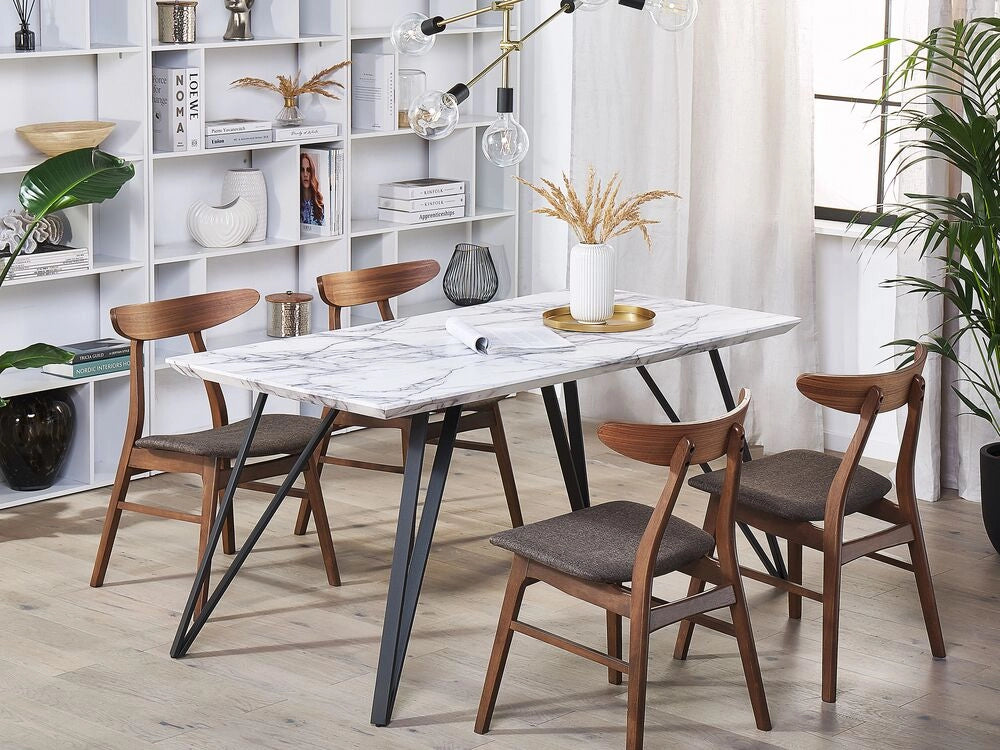 Tavolo da Pranzo Bianco con Piano in MDF Nero Gambe in Metallo 150 x 80 cm Effetto Marmo Glamour Industrial