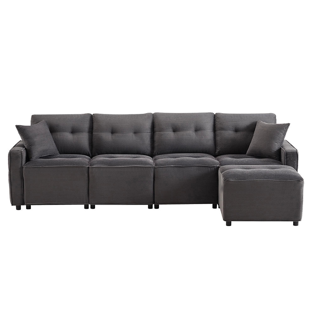 Divano 4 posti in velluto costato con pouf - Xylo - Grigio - 280x146x85 cm - Sedili con spazio di archiviazione