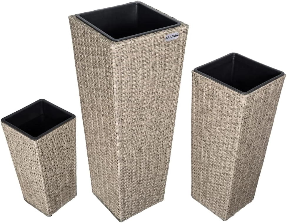 Deuba CASARIA® Set di 3 Vasi da Fiori in Polyrattan Intrecciato con Sottovaso e Foro Deflusso Acqua Richiudibile Vaso per Piante Effetto Rattan da Esterno Giardino Fioriere Fioriera