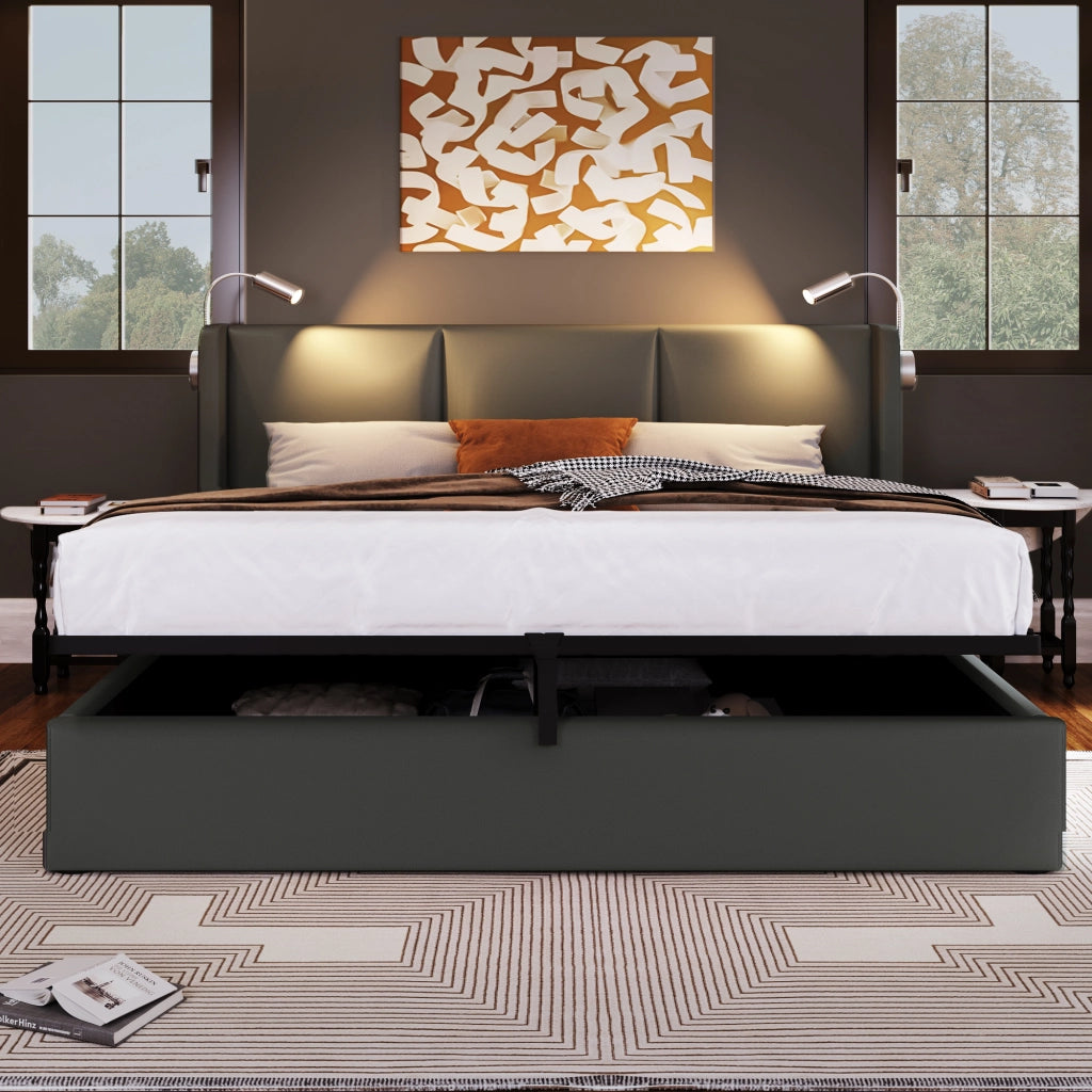 DESMIU Letto Contenitore 140 × 200 cm 2 posti con luce, USB e materasso incluso in PU grigio