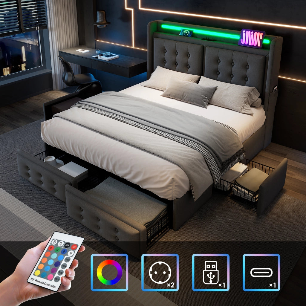 OKWISH Letto con Cassetti 160×200 cm, Letto Matrimoniale con LED Regolabile, USB, Tipo C e Ripiani, Materasso Incluso, in Tessuto Grigio