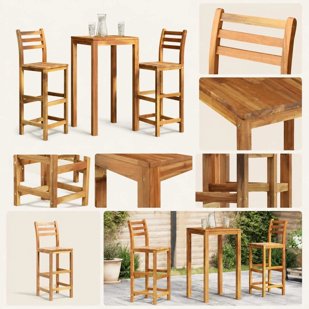 Bar Stools, Set Of 2, Solid Acacia Wood