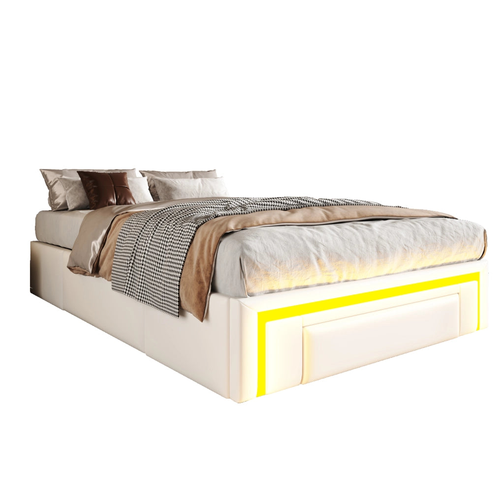 Letto imbottito 90x200 cm in PU con cassetti, LED RGB, struttura in metallo, bianco