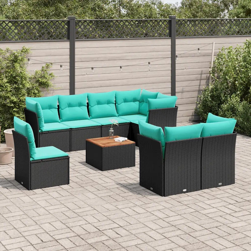 Set Divani da Giardino 9 pz con Cuscini Nero in Polyrattan