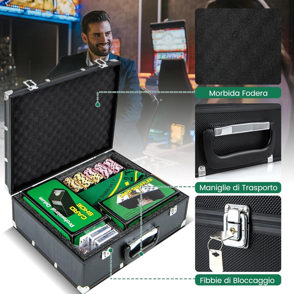 Set di Fiches da Poker con 300/600 Fiches, 2/6 Mazzi di Carte 5 Dadi Mescolatore Automatico di Carte e Tappeto, Scatola Portatile, Poker Chips per Party Viaggi e Feste (300 PCS)