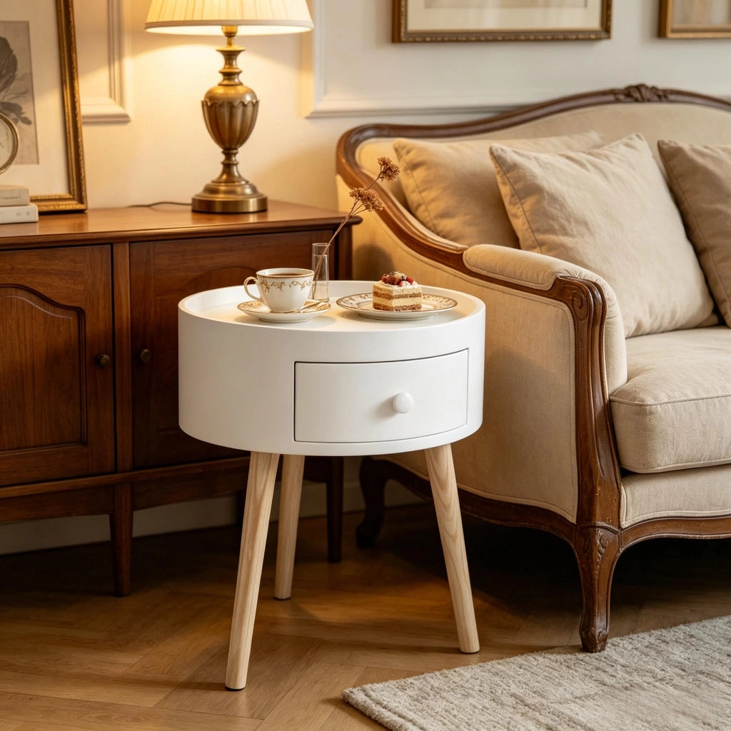 Comodino rotondo con cassetto e piano rialzato in MDF e legno, bianco e legno chiaro 38 × 38 × 45 cm