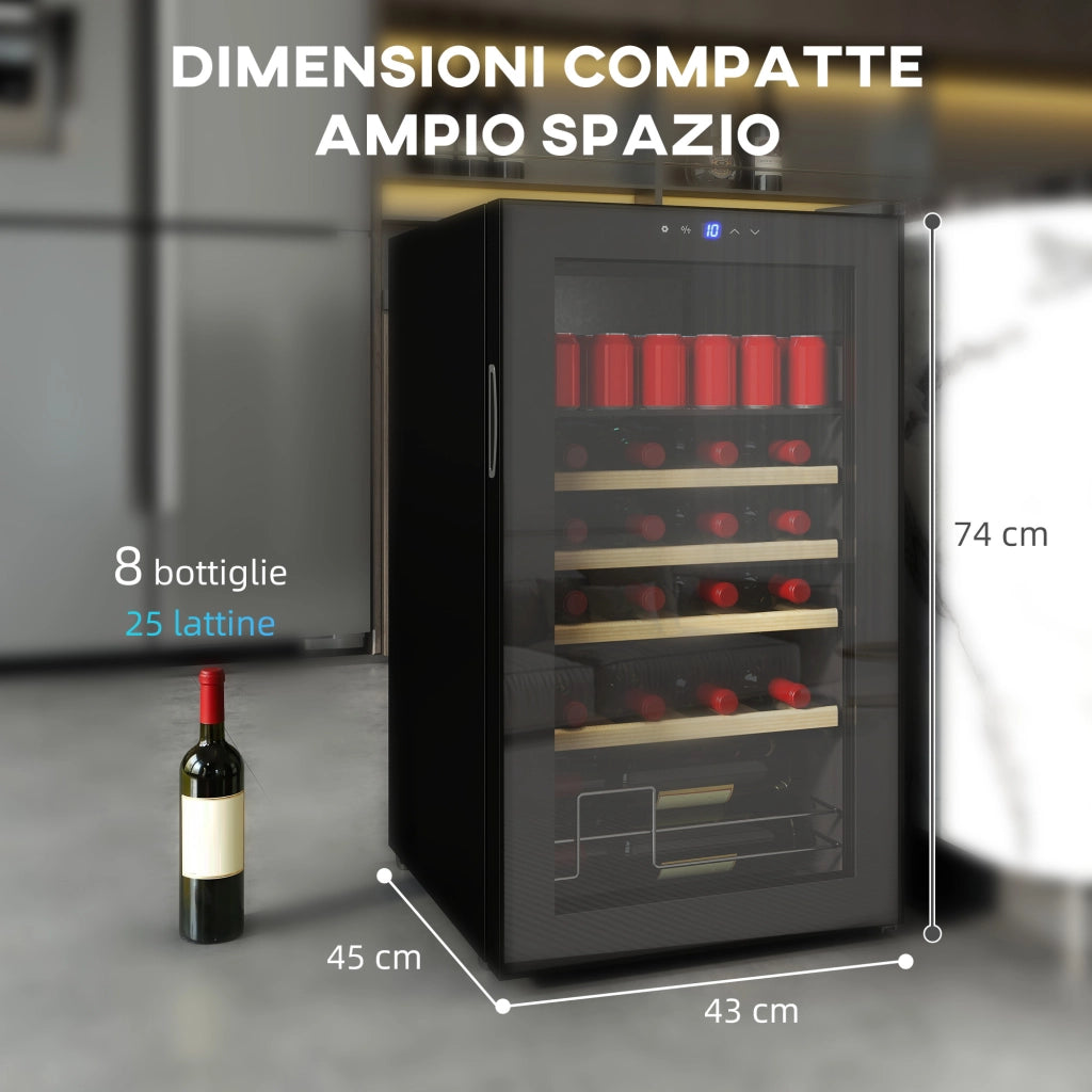Cantinetta Frigo per Vino da 63L con Ripiani Regolabili per 16 Bottiglie e 25 Lattine, 43x45x74 cm, Nero