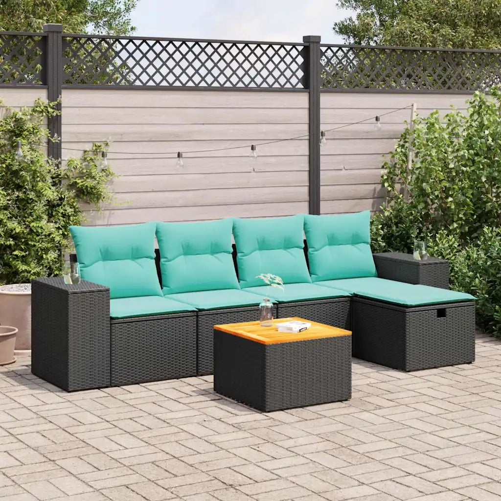 Set Divano da Giardino 6 pz con Cuscini Nero in Polyrattan