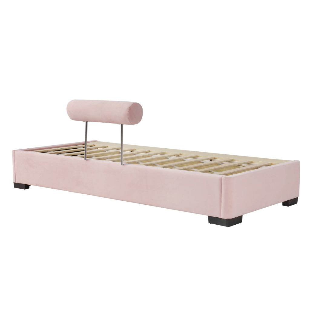 DESMIU Letto bambino 90 × 200 cm con mensola, LED e testiera modulabile, senza materasso, in velluto, rosa