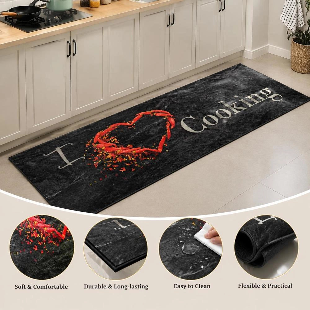 Washable Kitchen Rug, Cooking Design, Black, 60x180 Cm, Velvet