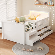 Letto bambini 90x200 cm in legno bianco con sponde; cassetti; scala e LED