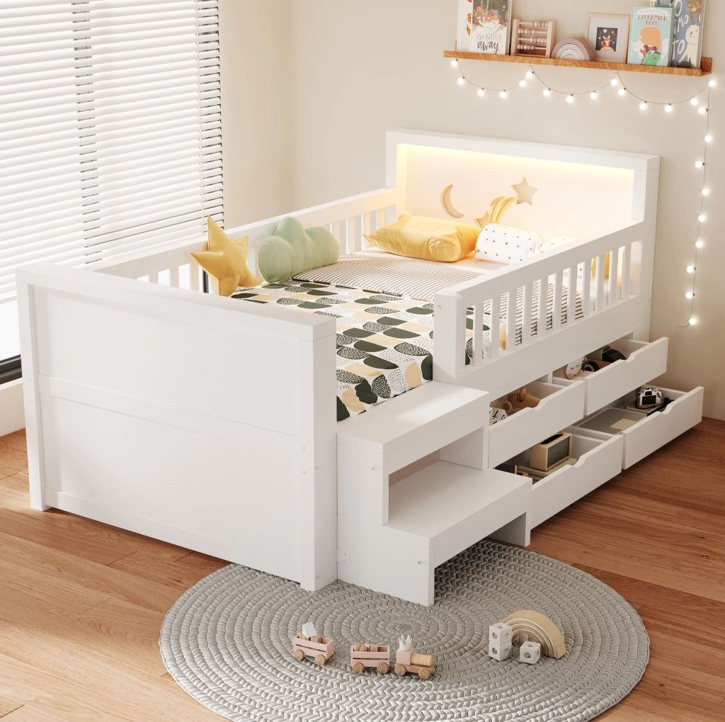Letto bambini 90x200 cm in legno bianco con sponde; cassetti; scala e LED