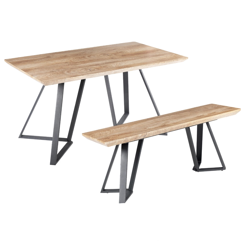 Set da pranzo Legno chiaro Gambe di metallo nero Tavolo rettangolare con panca Design moderno e minimalista Sala da pranzo interna Cucina