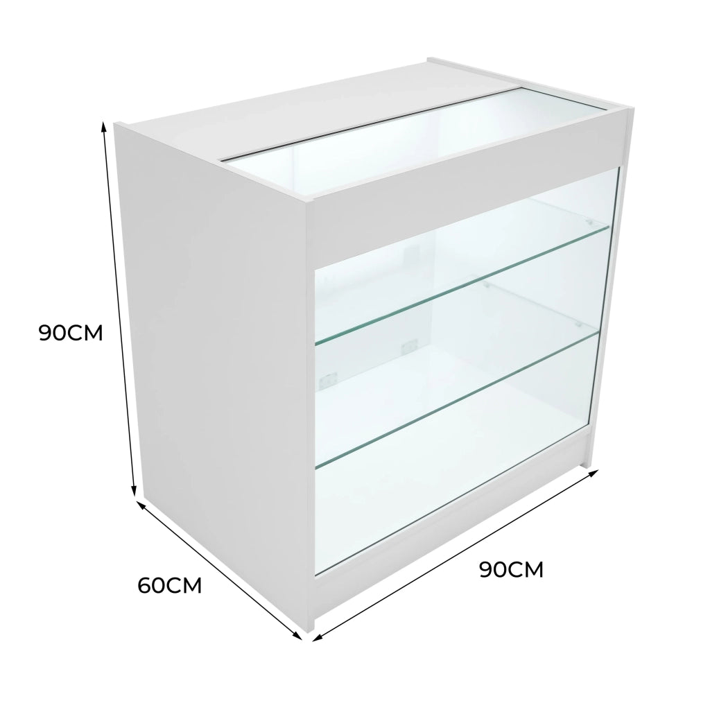 Bancone LED Bianco K900 con 3 Ripiani, Vetrina e Ante Bloccabili – 2 Chiavi