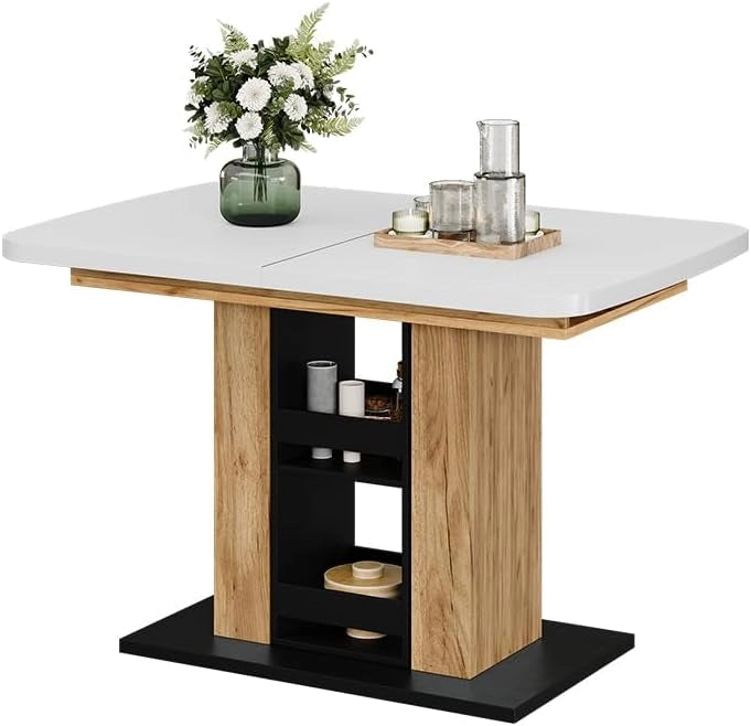 tavolo da pranzo allungabile Fenaro, Rovere bianco/dorato, 120 x 80 cm, allungabile con estrazione sincronizzata per lunghezza tavolo variabile