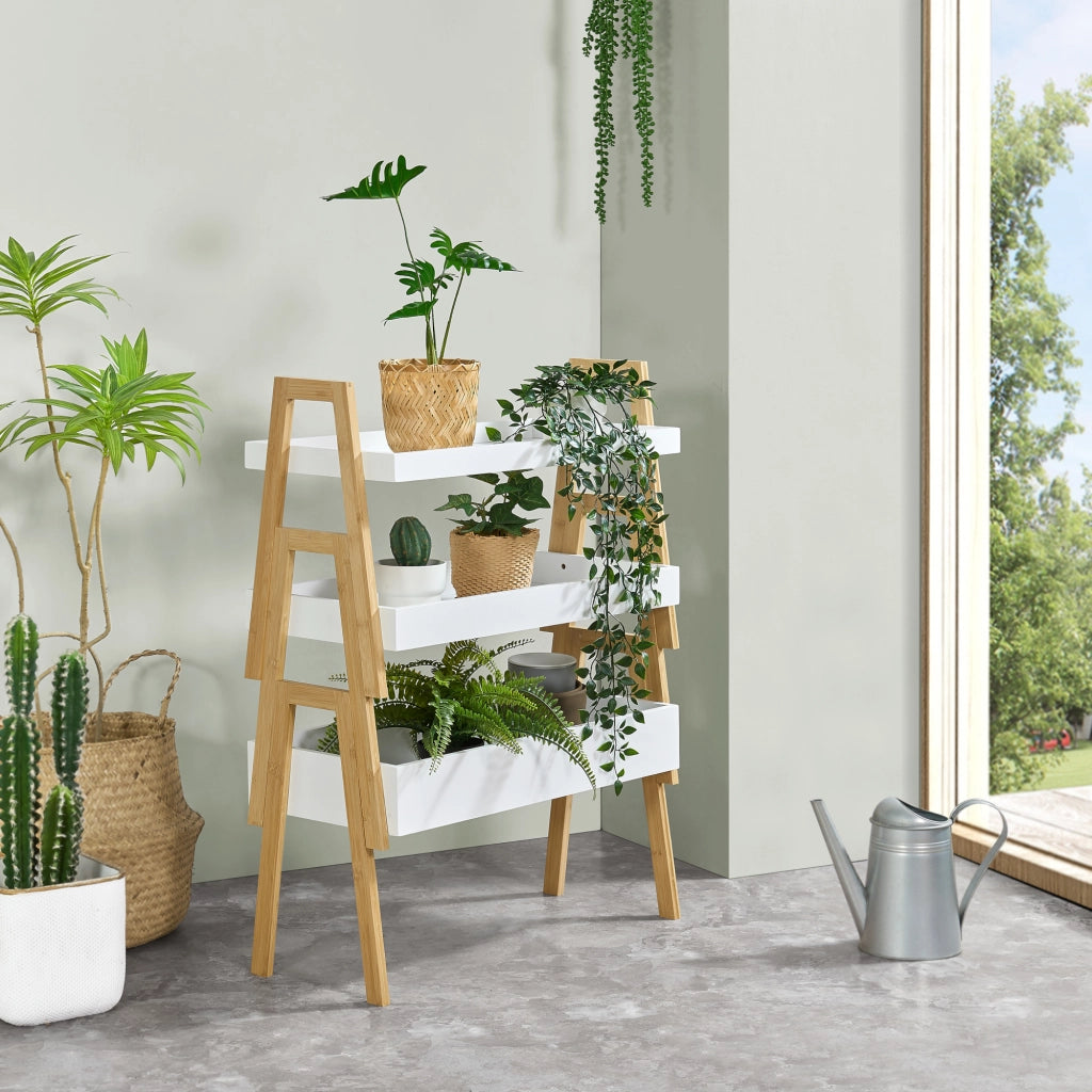 Scaffale Impilabile Set Hitra di 3 Ripiani a Bordi Rialzati Bambù Naturale / Bianco [en.casa]