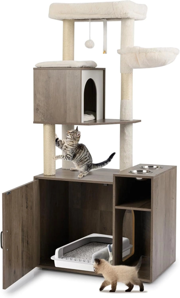 Mobiletto per Lettiera per Gatti, Tiragraffi per Gatti con Posto Graffio in Sisal e Tappetino, Pallina Pendenti, Toilette Nascosta e 2 Ciotole per Cibo, Mobili Moderni per Gattini (Marrone)