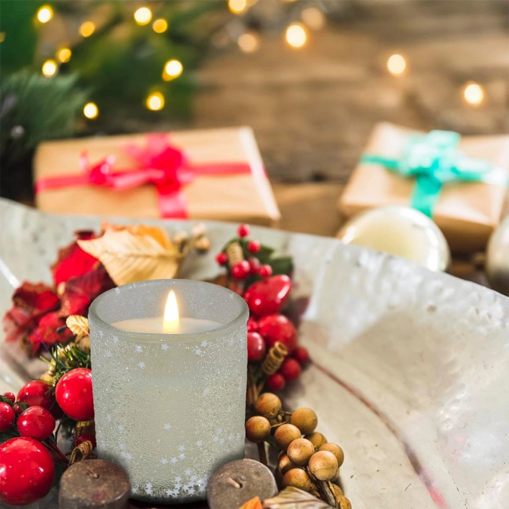 Set 4 Candele in Vasetto con Stelle Ghiaccio – Decorazioni Natalizie in Vetro 5,5 x 5,5 x 6,5 cm