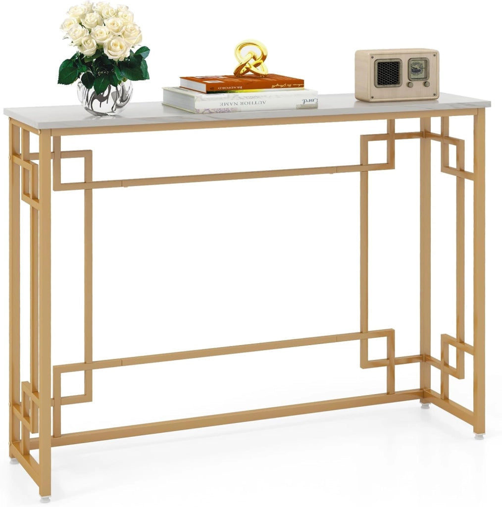 Tavolo Consolle Stretto di Ingresso Moderno con Base Dorata e Piano in Marmo Imitazione con Dispositivo Antiribaltamento per Soggiorno, Ingresso, Corridoio, Bianco e Oro, 110 x 30 x 81 cm