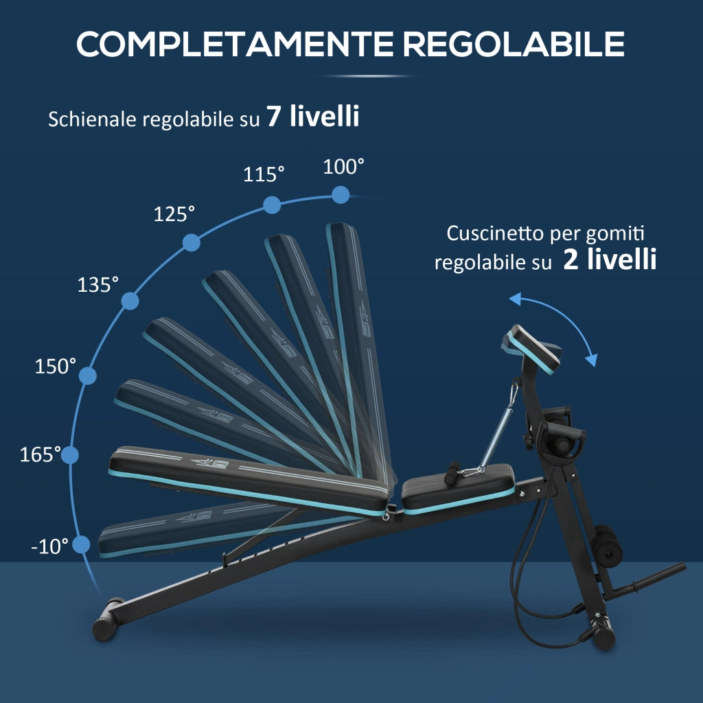 Panca Multifunzione Pieghevole con Schienale Regolabile a 7 Livelli. Leg Extension. Cuscinetto ed Elastici. Blu