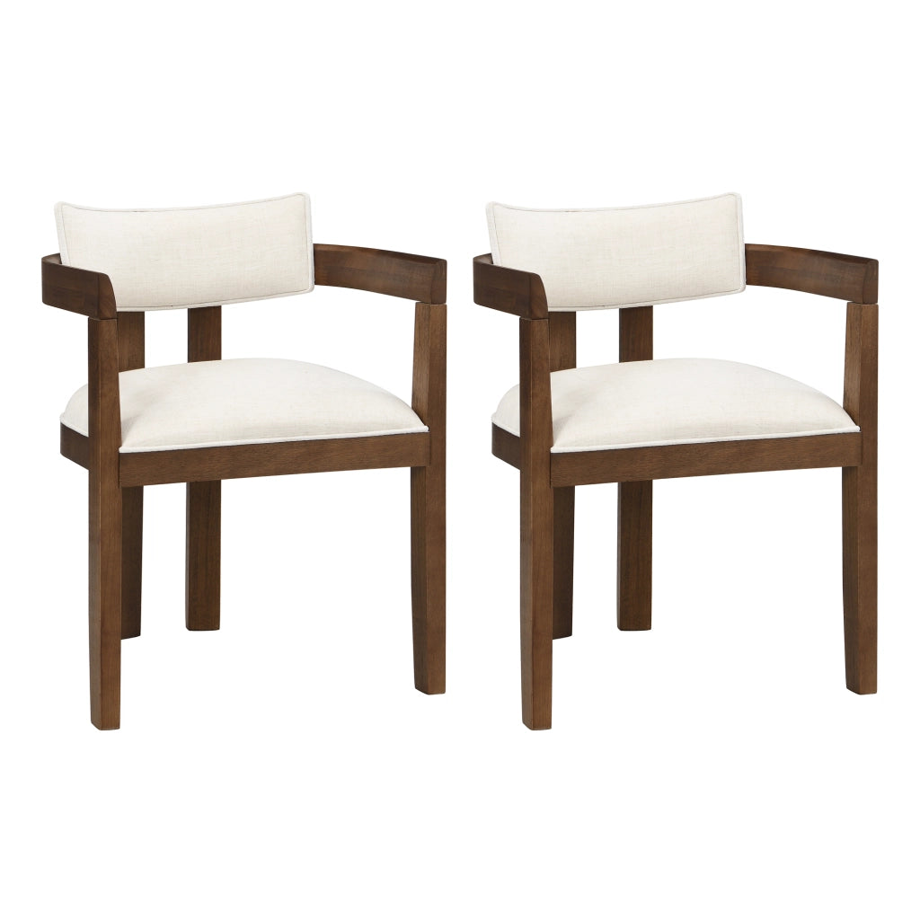 Set di 2 sedie da pranzo con braccioli in legno massiccio e lino color noce