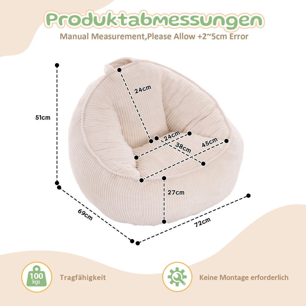 Pouf ergonomico per bambini con supporto per schiena e vita in velluto a coste beige