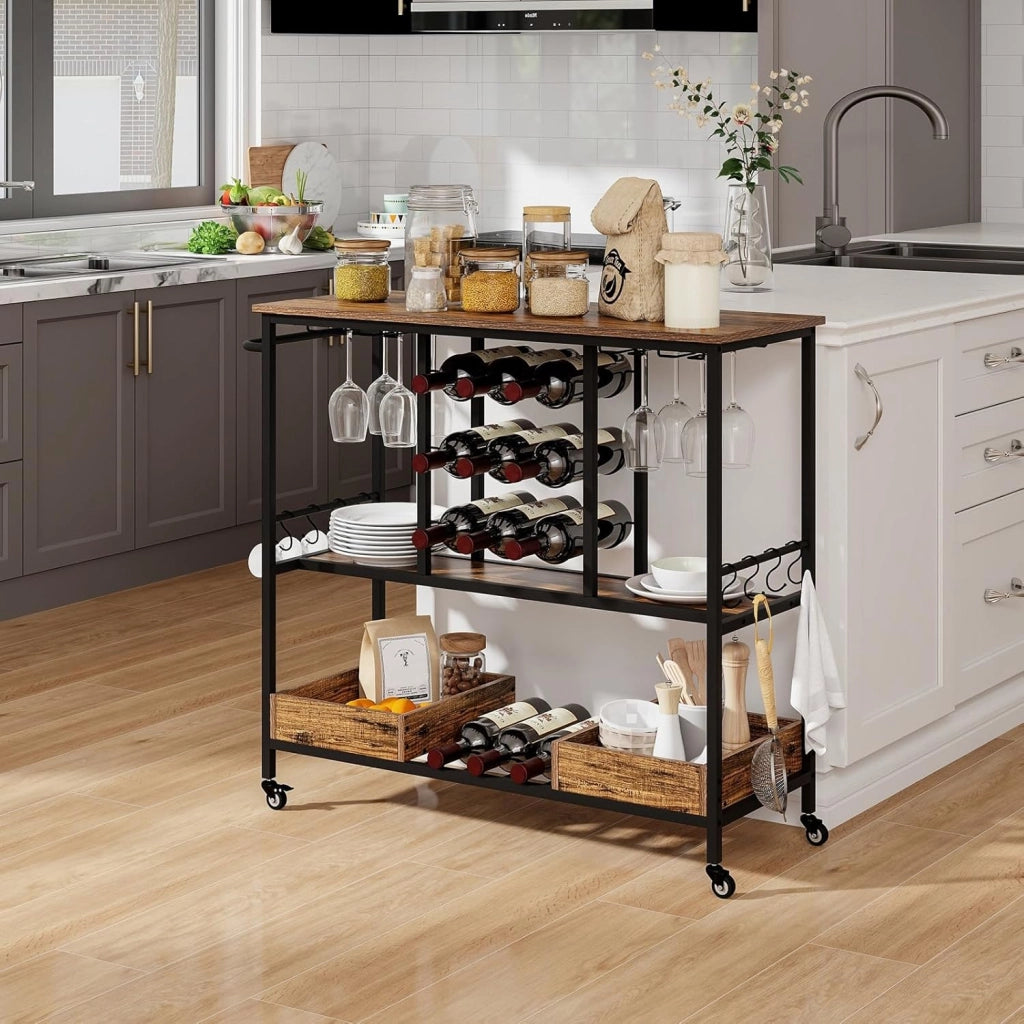 Carrello di Servizio Industriale a 3 Livelli, Carrello da Cucina con Portabicchieri, Porta Bottiglie, 107,5x40x91,5 cm