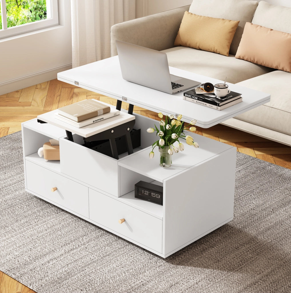Tavolino da caffè 100x50x47;5 cm sollevabile e pieghevole in MDF bianco