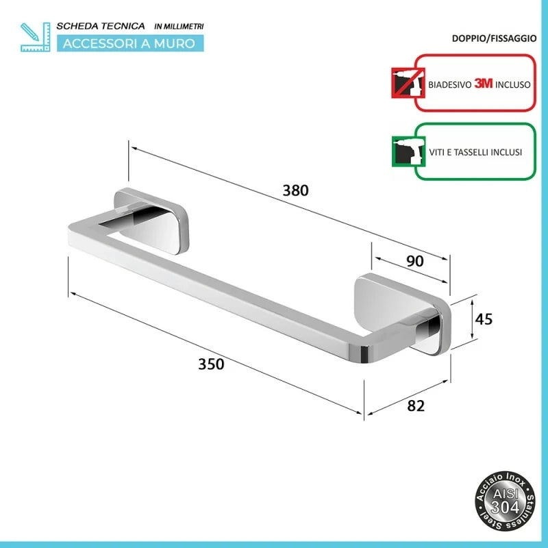Portasciugamani a muro 35 cm in acciaio inox con doppio fissaggio