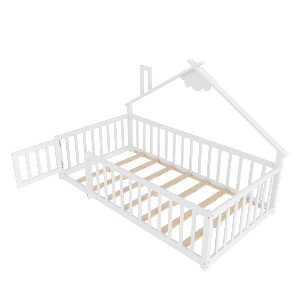 Letto a Casetta 90×190 cm; Letto Singolo per Bambini con Sponda con Chiusura; senza Materasso; Bianco