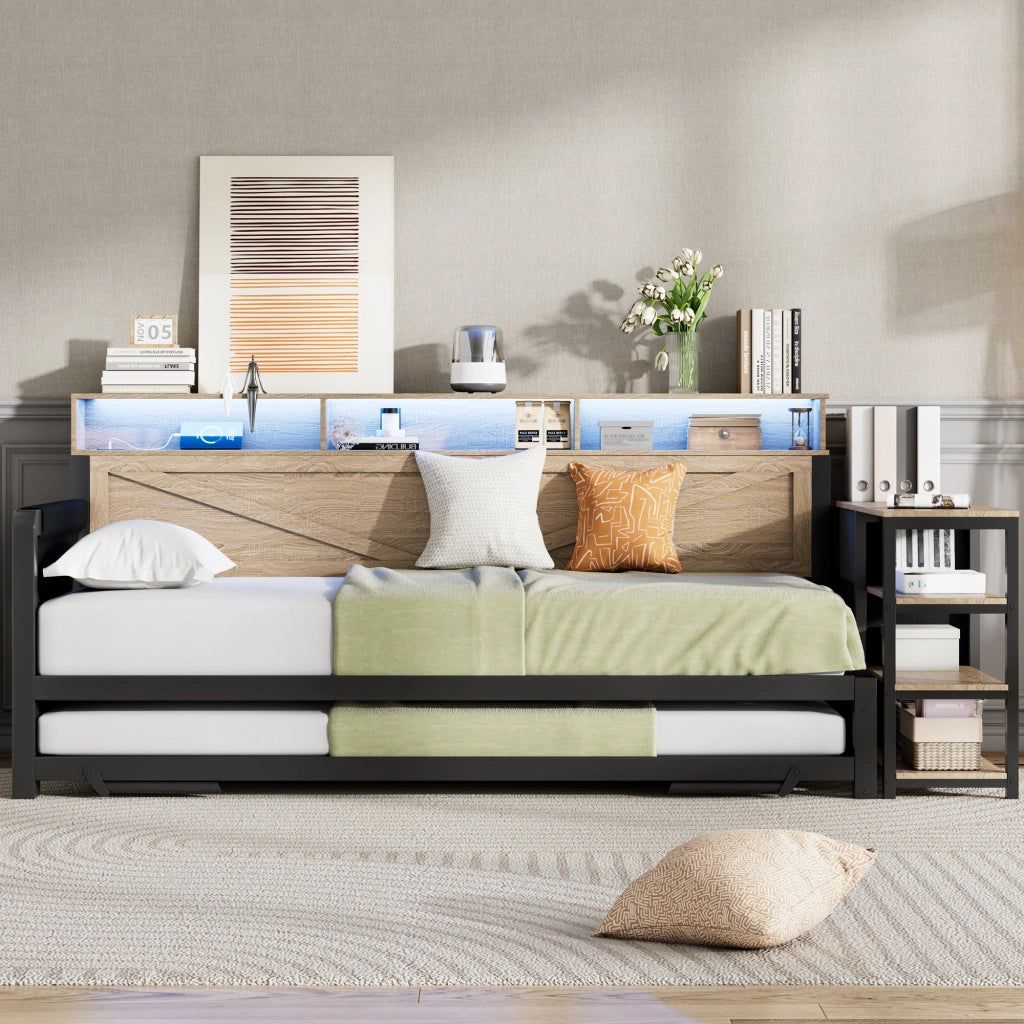 Divano letto in metallo 90x200 nero, letto estraibile regolabile, letto con 3 cassetti, LED e USB