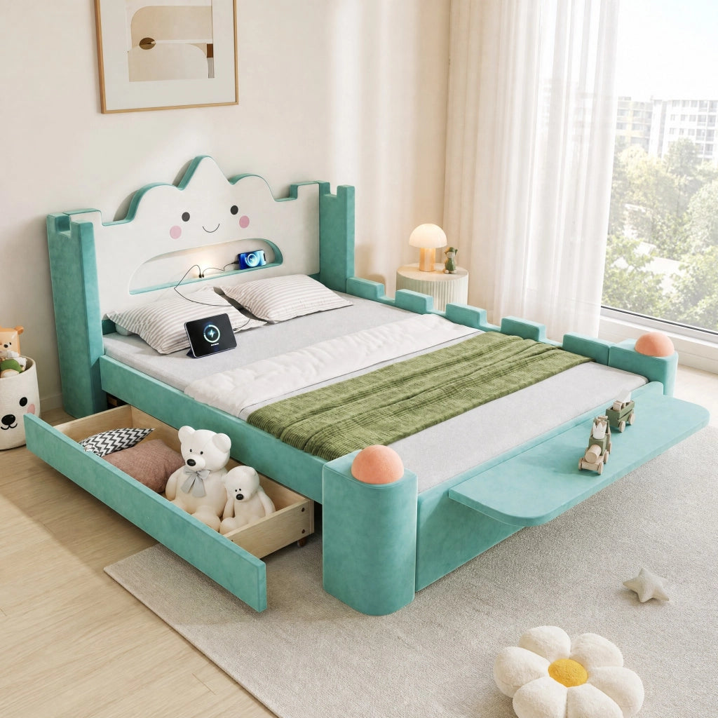 Letto imbottito per bambini con lampada LED e USB, contenitore e schienale a forma di nuvola