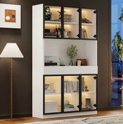 Vetrina alta con LED 120x200 cm in truciolare bianco; con ante in vetro e 3 cassetti