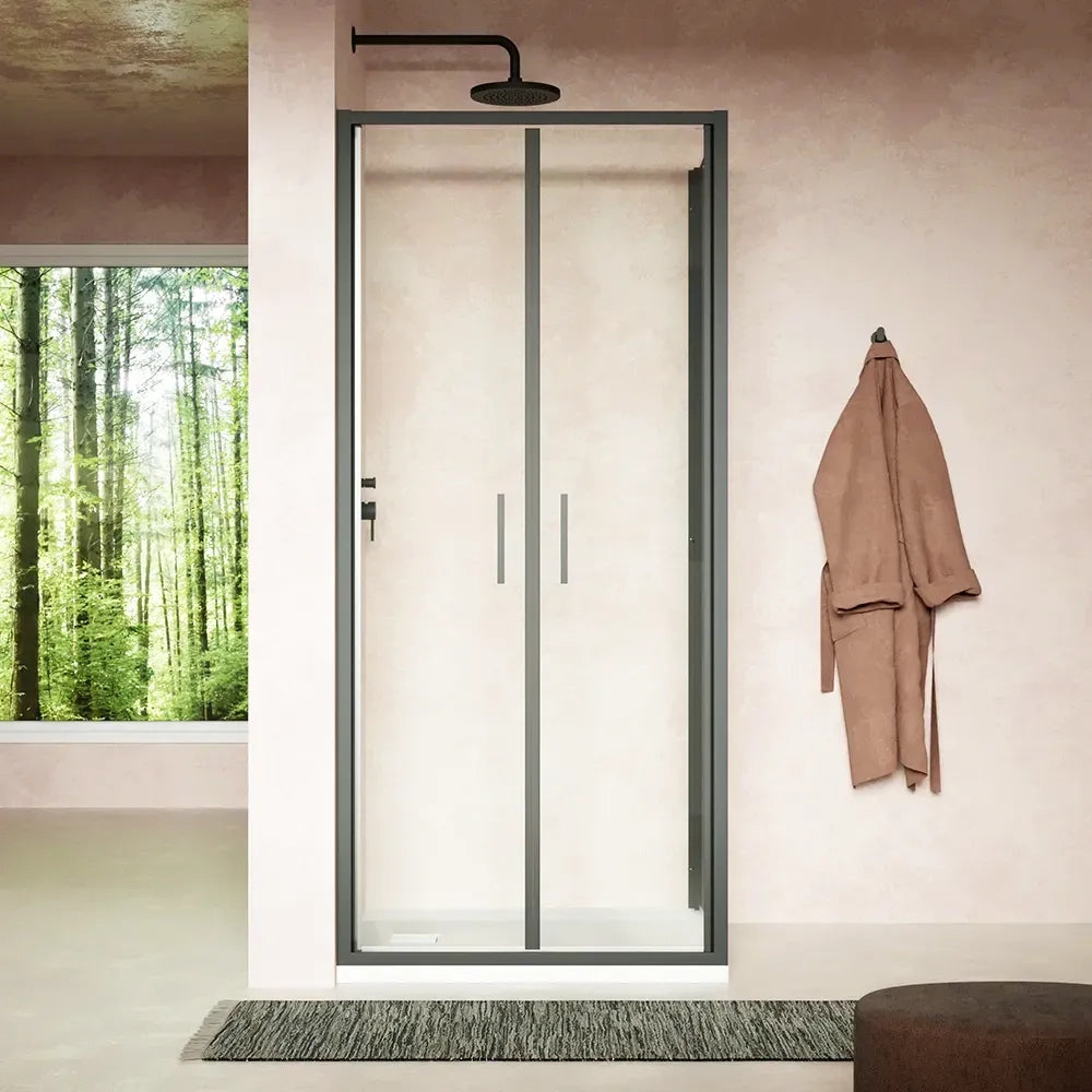 Box doccia slim 90x100cm con apertura saloon e parete fissa profili nero opaco e vetro 6mm trasparente h190| Portofino
