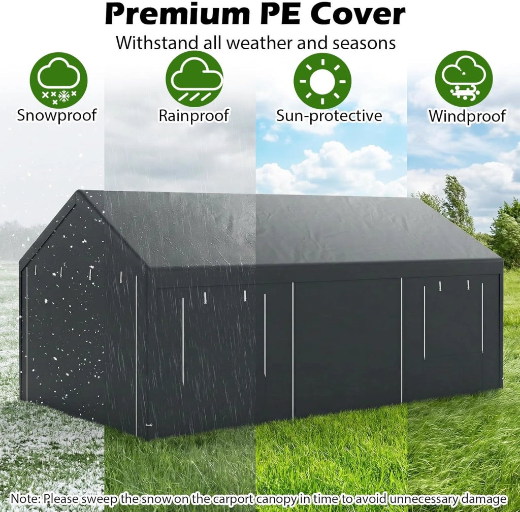 Tenda Garage Auto Esterno, Tettoia per Auto con Telaio in Metallo, Copertura in PE Resistente alle Intemperie, Capanno Giardino per Vehicolo, Bici, Moto, Attrezzi (Grigio, 363 x 600 x 295 cm)