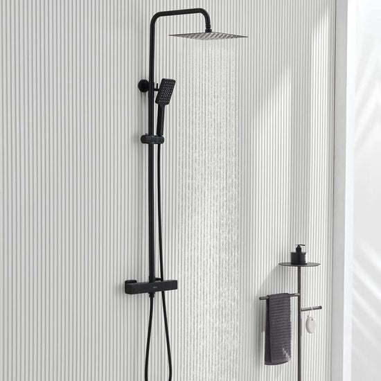 Sistema di Doccia con Termostato Nero - Set Completo di Doccia a Pioggia con Tubo e Doccia Manuale