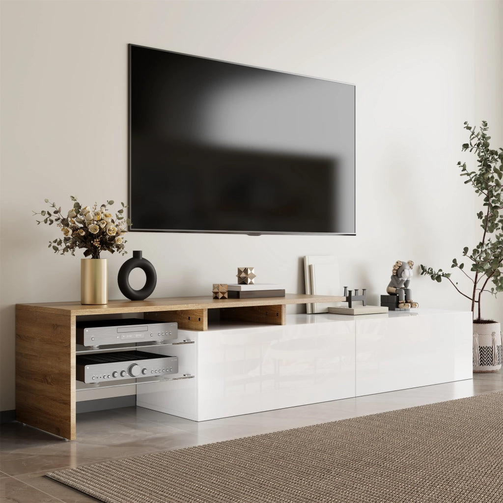 Mobile TV con 2 Vani; Ripiani in Vetro e LED 16 Colori; Moderno Lucido; 170¡Á33¡Á33;5 cm; Bianco Naturale