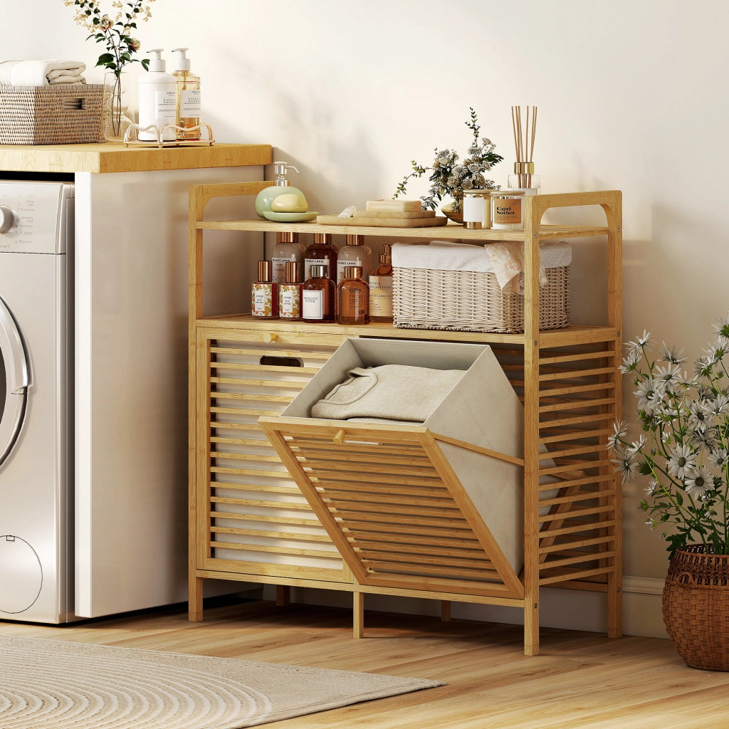 Mobile Portabiancheria con 2 Cesti da 41L e 2 Ripiani. in Bamb¨´ e Poliestere. 82x33x88 cm. color Legno e Crema